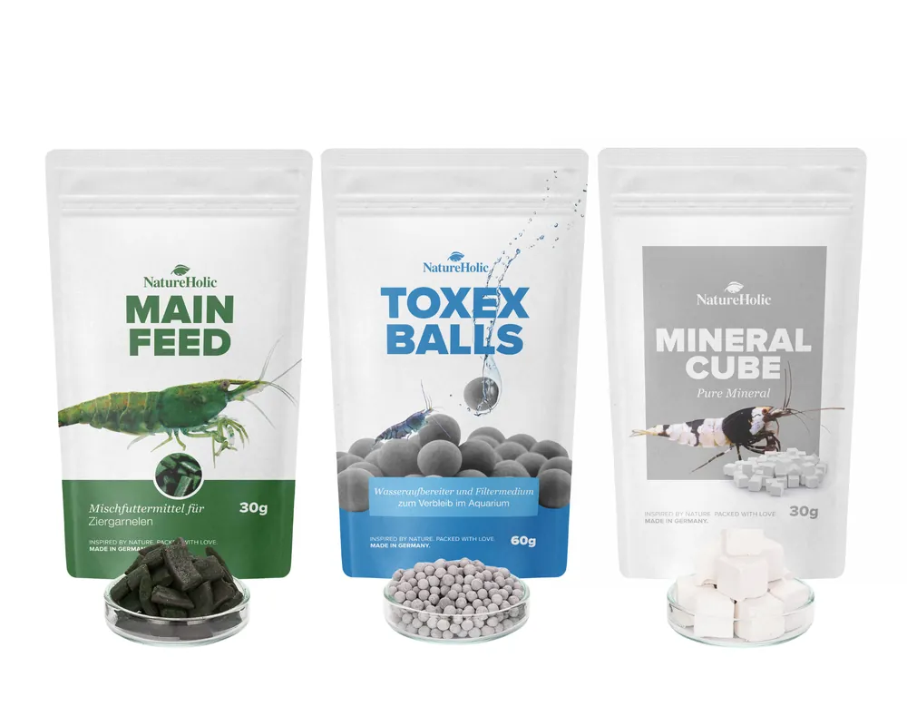 Jetzt Bestellen NatureHolic Garnelen "Sorglos" Paket - Mainfeed, MineralCube Pure Mineral, ToxEx Balls