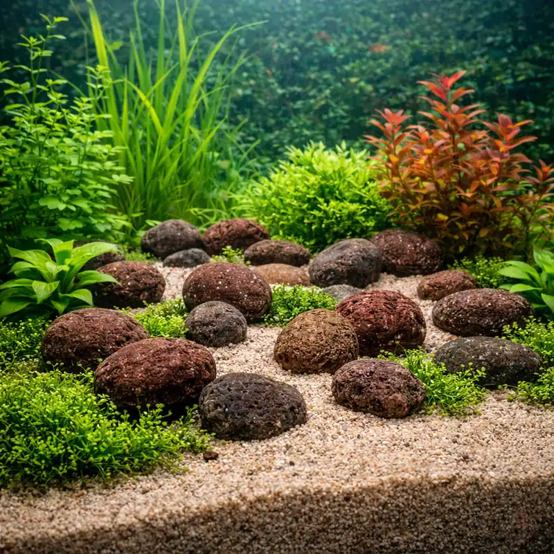 Markenprodukt Crater Pebbles braun 20–30 mm | 2 kg Netz Hardscape-Steine für Aquascaping Crater Pebbles. grau. 2 kg Netz 20-30 mm