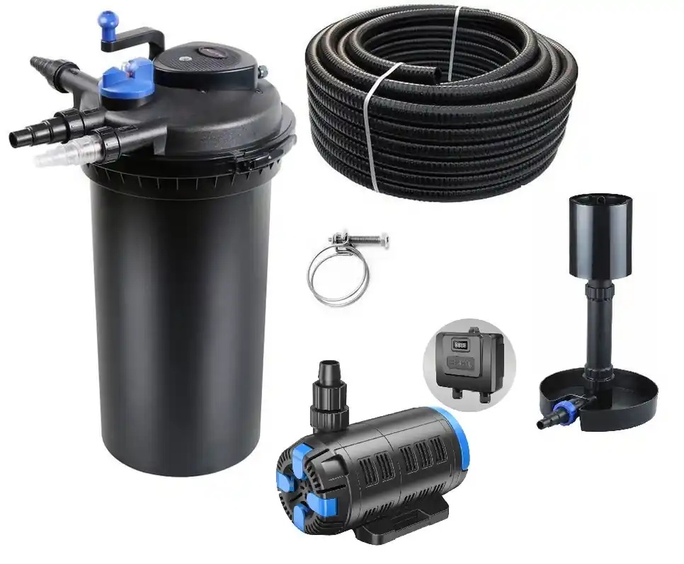 Schnäppchen Druckteichfilter Set CPF 15000 regelbare Eco Pumpe 10m Schlauch Standskimmer Nr.32
