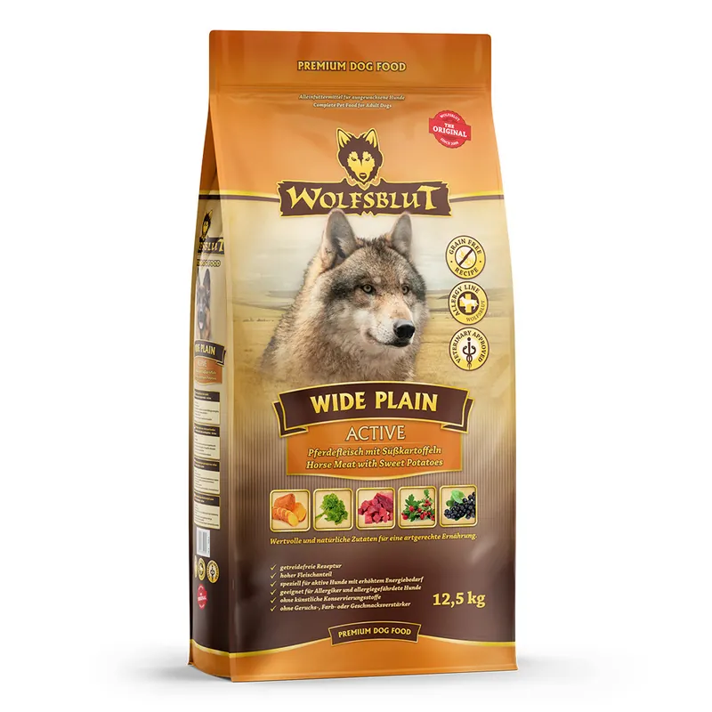 WOLFSBLUT Wide Plain Active Pferdefleisch mit Süßkartoffel 12,5 Kilogramm Hundetrockenfutter Preis Gesenkt