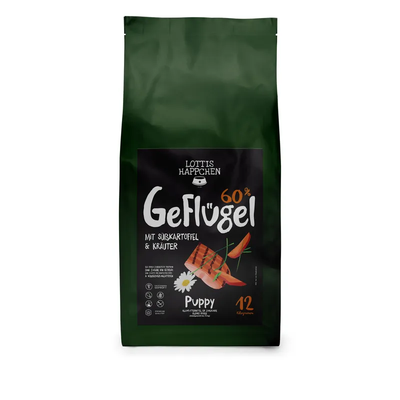 Rabatt LOTTIS HÄPPCHEN Puppy Geflügel mit Süßkartoffel und Kräuter12 kg