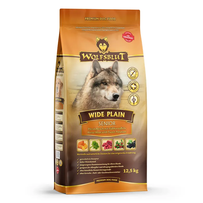 Direkt Vom Hersteller Sparpaket WOLFSBLUT Wide Plain Senior Pferdefleisch und Süßkartoffel 2 x 12,5 Kilogramm Hundetrockenfutter