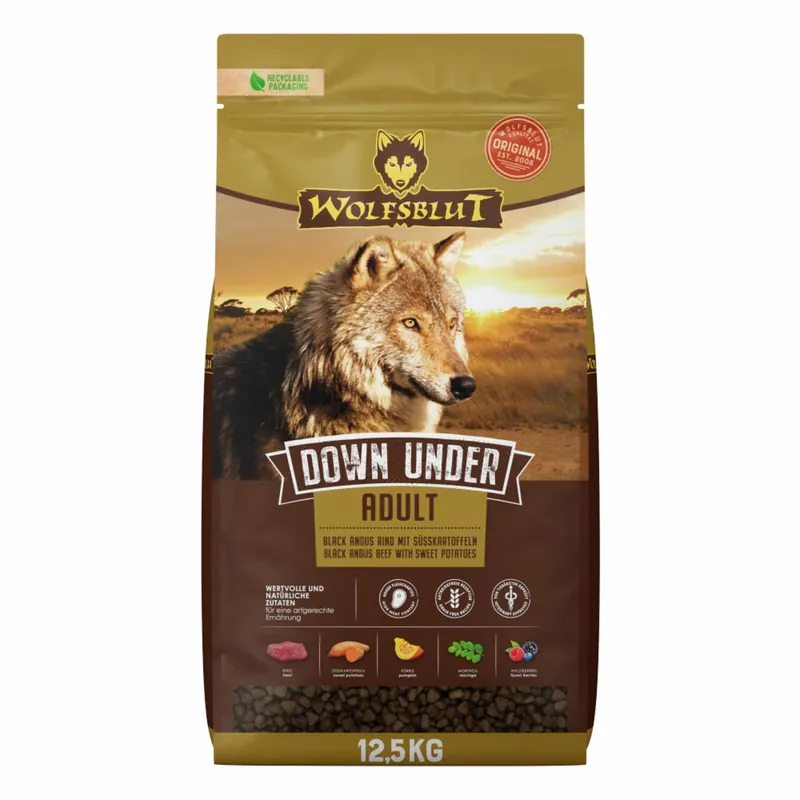WOLFSBLUT Down Under Black Angus Beef mit Süßkartoffeln 12,5kg Hundetrockenfutter Must-Have