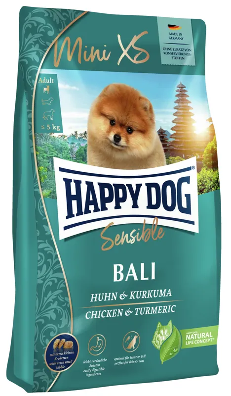 Sonderaktion Sparpaket 2 x 1,3 kg Happy Dog Mini XS Adult Sensible Bali Huhn & Kurkuma Hunde Trockenfutter