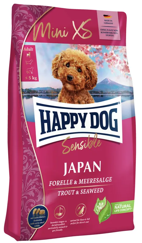 Preisknaller Sparpaket 2 x 1,3 kg Happy Dog Mini XS Sensible Japan Forelle & Meeresalge Adult Hunde Trockenfutter