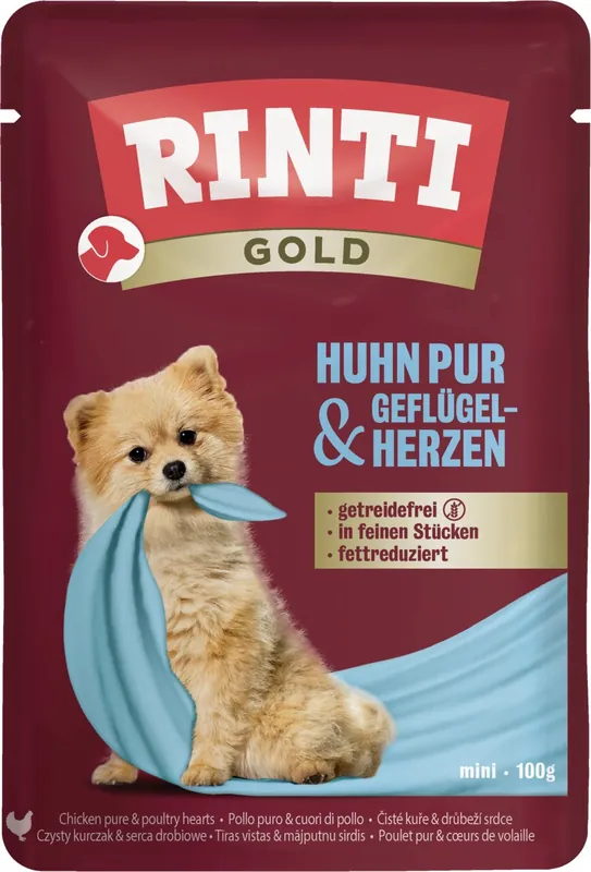 Bestseller Sparpaket 20 x 100 g Rinti Gold Huhn Pur & Geflügelherzen Hunde Nassfutter