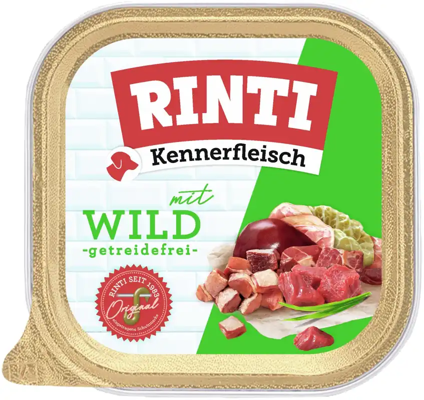 Sparpaket 9 x 300 g Rinti Kennerfleisch mit Wild Hunde Nassfutter Beliebt