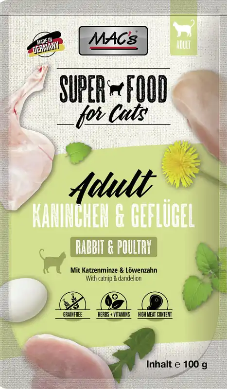 Letzte Chance Sparpaket 24 x 100 g Mac's Adult Kaninchen & Geflügel Katzen Nassfutter