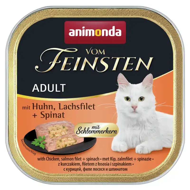 Jetzt Bestellen Sparpaket 32 x 100 g Animonda vom Feinsten Adult mit Huhn, Lachsfilet + Spinat mit Schlemmerkern Katzen Nassfutter