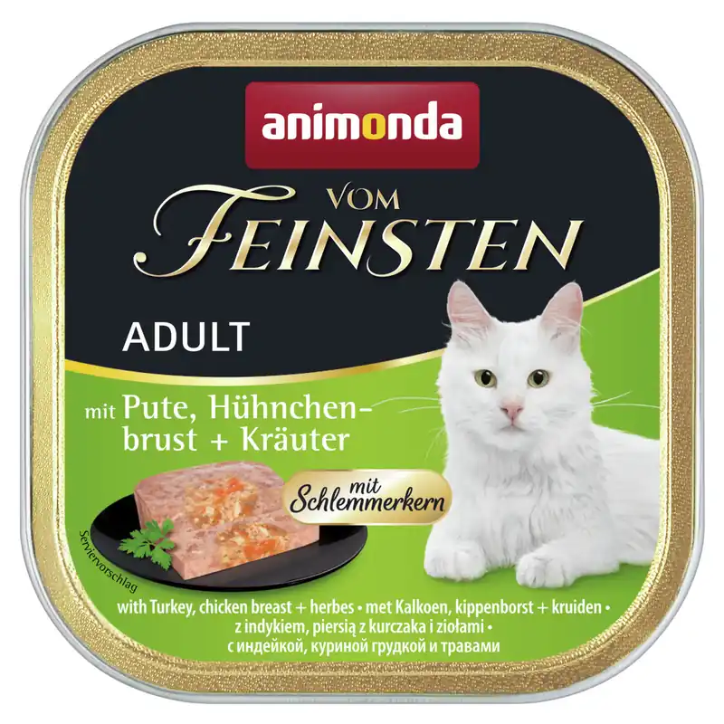 Sparpaket 8 x 100 g Animonda vom Feinsten Adult mit Pute, Hühnchenbrust + Kräuter mit Schlemmerkern Katzen Nassfutter Günstig