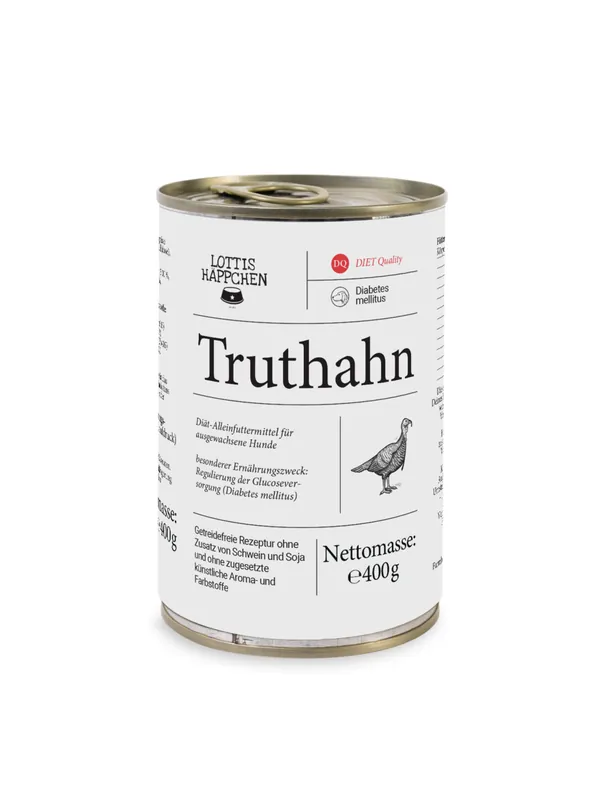 Sparpaket 24 x 400 g Lottis Häppchen Diabetes Truthahn Hunde Nassfutter Echt