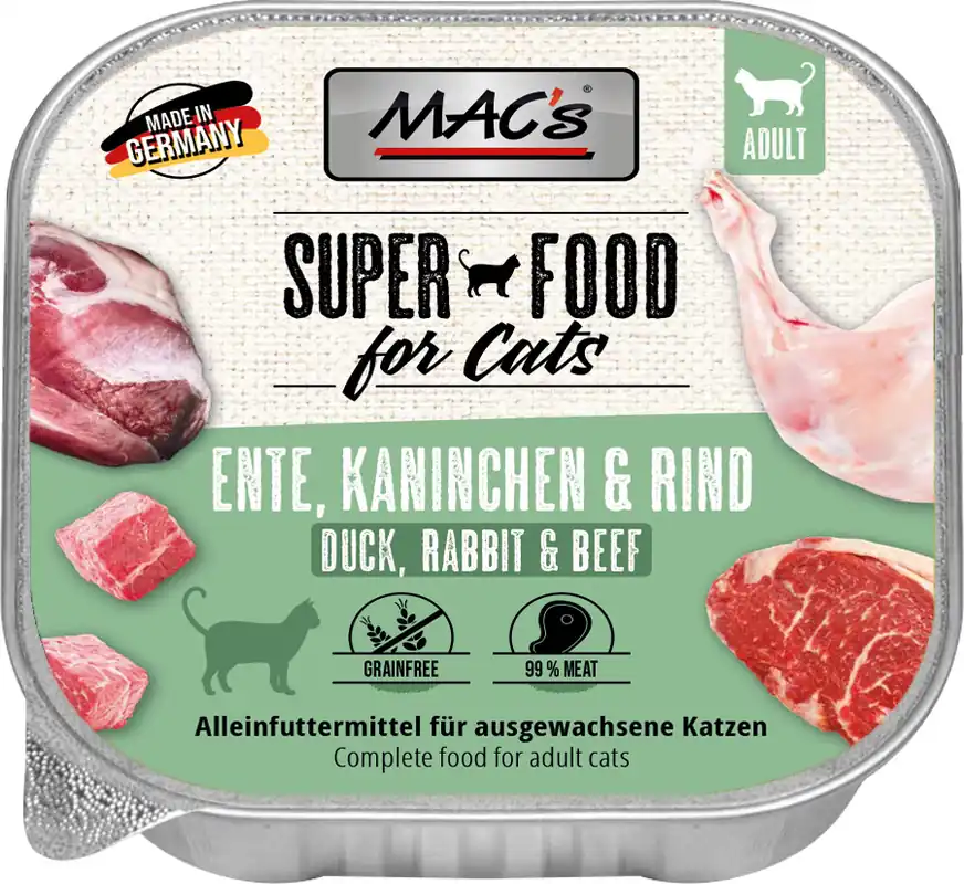 Sparpaket 32 x 100 g Mac's Adult Ente, Kaninchen & Rind Katzen Nassfutter Preisreduziert