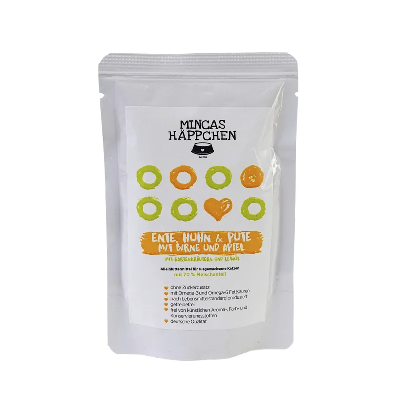 Abverkauf Sparpaket 12 x 95 g Mincas Häppchen Ente, Huhn & Pute mit Birne & Apfel Katzen Nassfutter