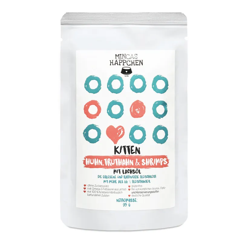 Top-Angebot Sparpaket 12 x 95 g Mincas Häppchen Kitten Huhn, Truthahn, Ente & Shrimps Katzen Nassfutter