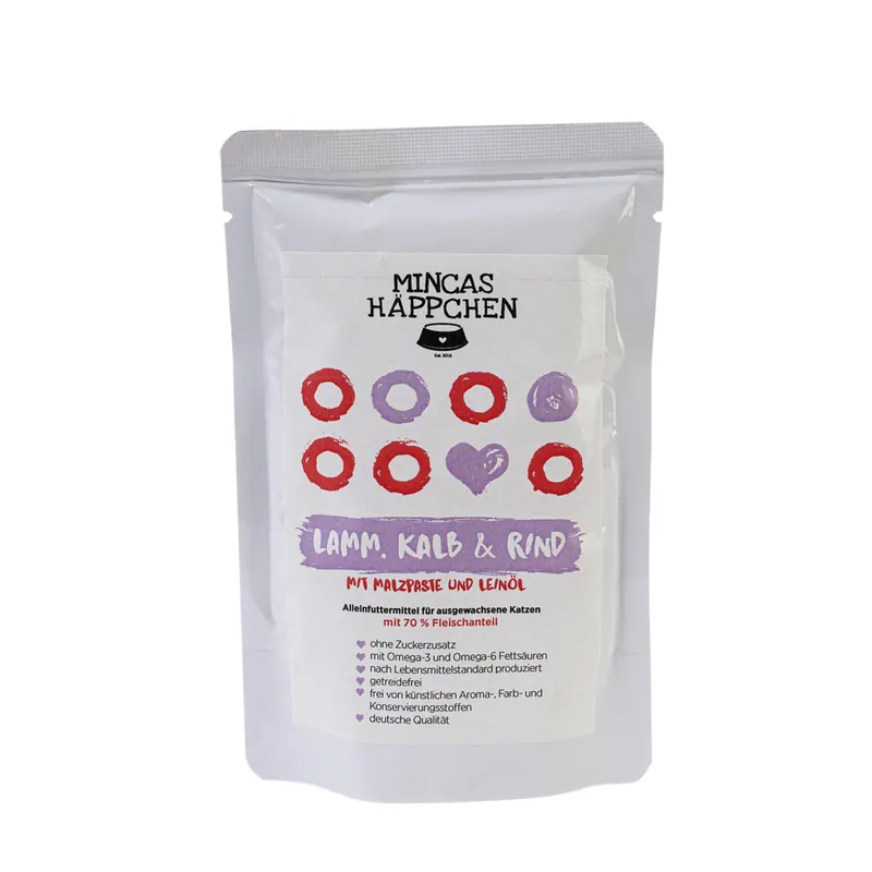 Meistverkauft Sparpaket 12 x 95 g Mincas Häppchen Lamm, Kalb & Rind Katzen Nassfutter
