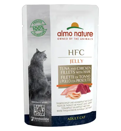 Sparpaket 24 x 55 g Almo Nature HFC Jelly Thunfischfilet und Hühnerfilet mit Schinken Katzen Nassfutter Mega-Angebot