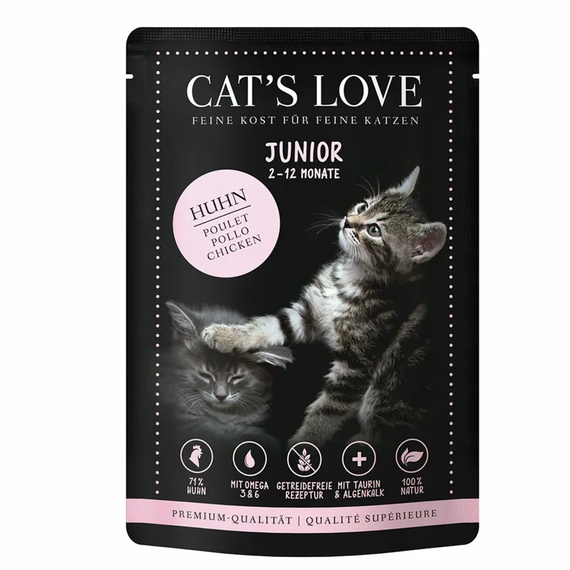 Schneller Versand Sparpaket 12 x 85 g Cat's Love Junior Huhn pur mit Algenkalk & Distelöl Katzen Nassfutter