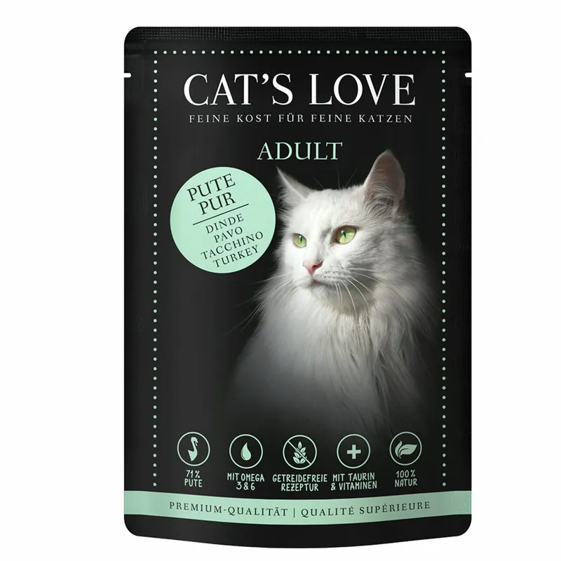Neu Sparpaket 24 x 85 g Cat's Love Adult Pute pur mit Lachsöl & Katzengamander Katzen Nassfutter