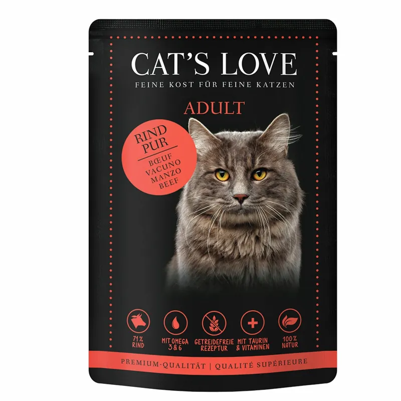 Sparpaket 12 x 85 g Cat's Love Adult Rind pur mit Distelöl & Löwenzahn Katzen Nassfutter Nur Heute