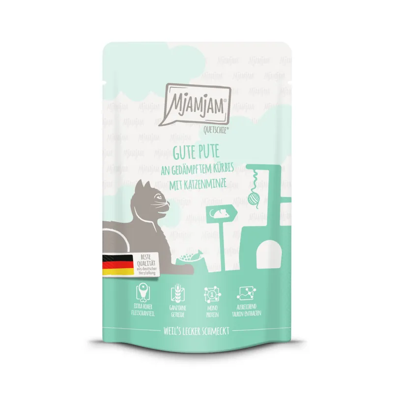 Expressversand Sparpaket 12 x 125 g Mjamjam Quetschie Gute Pute an gedämpftem Kürbis mit Katzenminze Kürbis Katzen Nassfutter