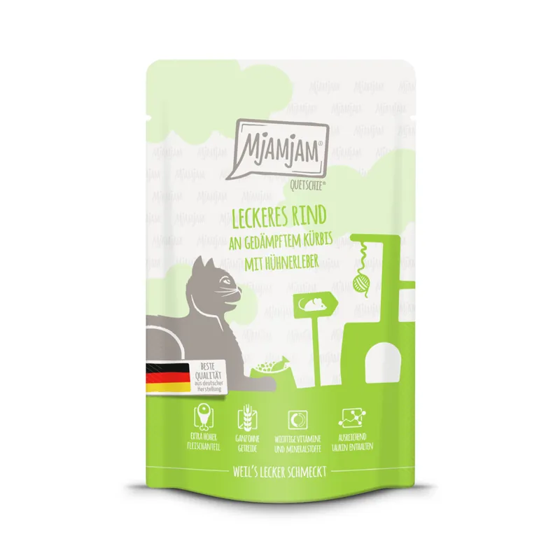 Finale Aktion Sparpaket 12 x 125 g Mjamjam Quetschie Leckeres Rind an gedämpftem Kürbis mit Hühnerleber Katzen Nassfutter