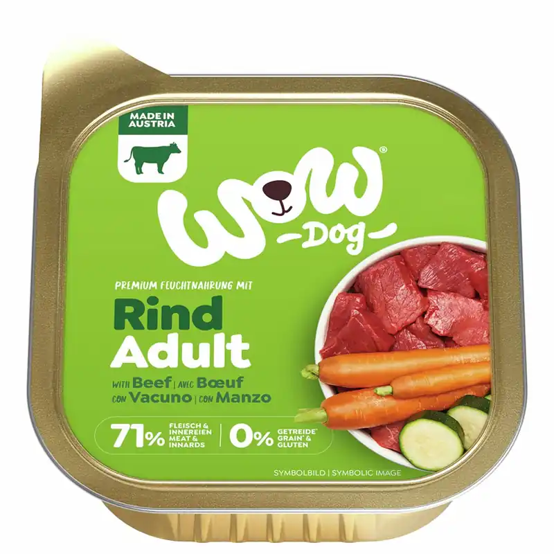 Garantierte Lieferung Sparpaket 22 x 150 g Wow Adult mit Rind, Karotte + Zucchini Hunde Nassfutter
