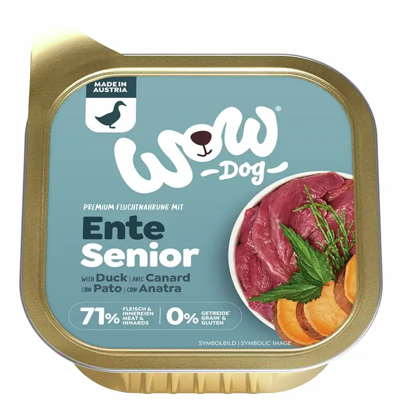Markenware Sparpaket 11 x 150 g Wow Senior mit Ente, Seealge + Süßkartoffel Hunde Nassfutter