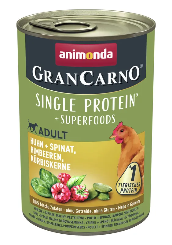 Highlight Sparpaket 24 x 400 g Animonda GranCarno Single Protein Superfoods Adult Huhn + Spinat, Himbeeren, Kürbiskerne Hunde Nassfutter