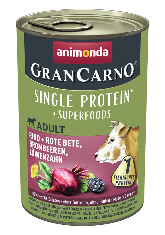 Sparpaket 24 x 400 g Animonda GranCarno Single Protein Superfoods Adult Rind + Rote Bete, Brombeeren, Löwenzahn Hunde Nassfutter Aktuell