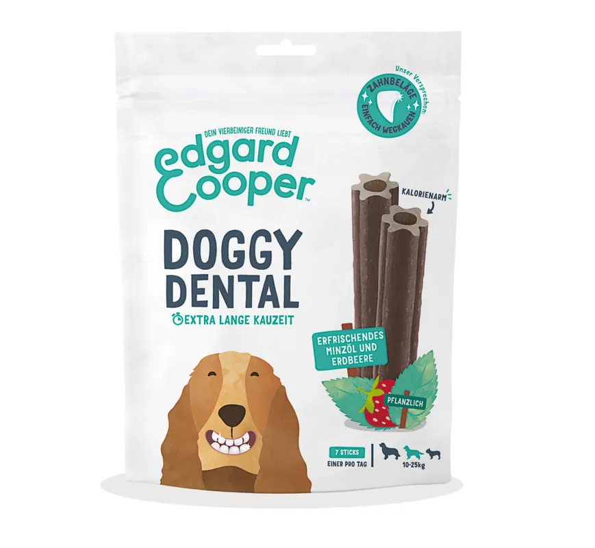 Begrenztes Angebot Sparpaket 2 x Edgard & Cooper Doggy Dental erfrischendes Minzöl und Erdbeere Hunde Snack M