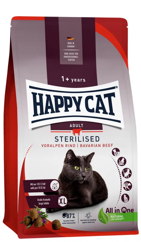 Sparpaket 2 x 1,3 kg Happy Cat Sterilised Voralpen-Rind Katzen Trockenfutter Preiswert