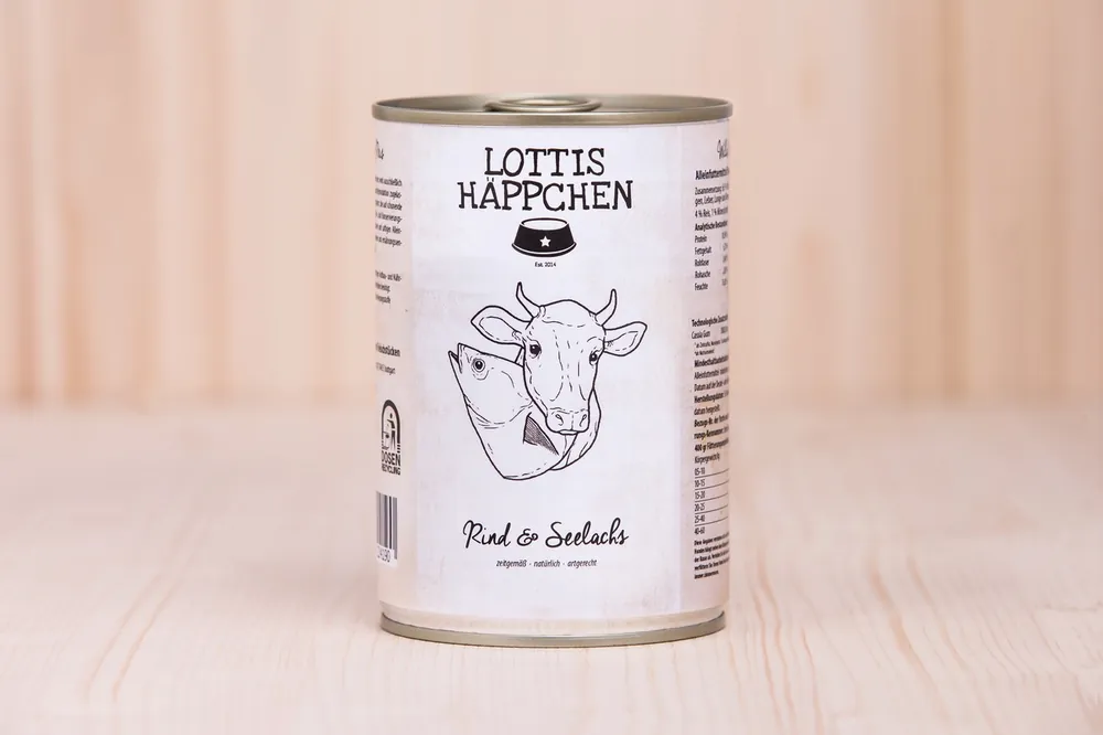 Sparpaket 24 x 400 g Lottis Häppchen Rind & Seelachs Hunde Nassfutter Echt