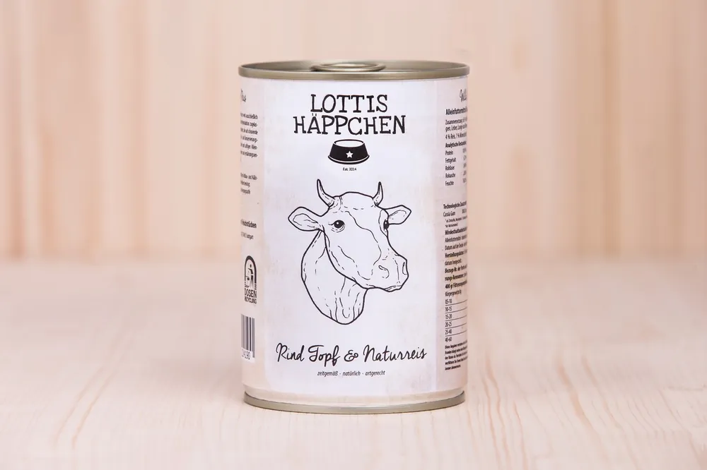 Sparpaket 6 x 400 g Lottis Häppchen Rind Topf & Naturreis Hunde Nassfutter Preisreduziert