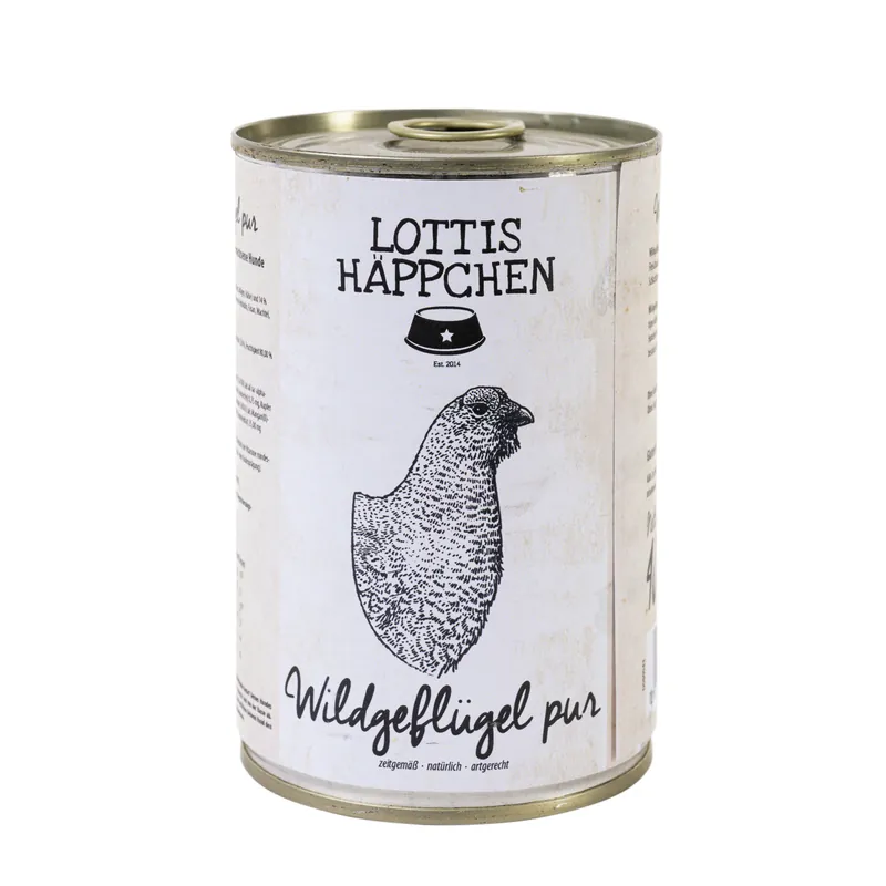 Markenprodukt Sparpaket 24 x 400 g Lottis Häppchen Wildgeflügel Pur Hunde Nassfutter