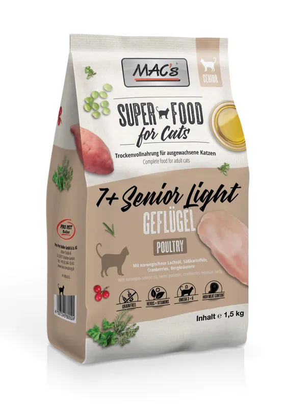 Sparpaket 2 x 1,5 kg Mac's 7+ Senior Light Geflügel Katzen Trockenfutter Letzte Chance