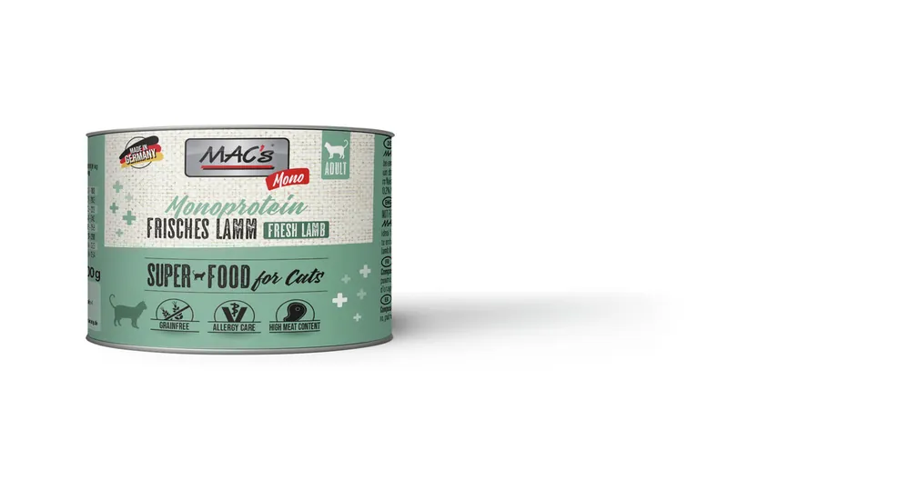 Sparpaket 6 x 200 g Mac's Cat Mono Sensitive Lamm Adult Katzen Nassfutter Zertifiziert
