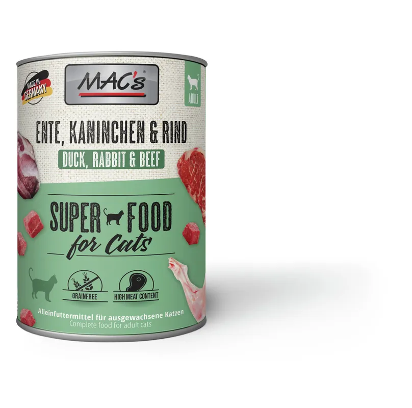 Sparpaket 24 x 800 g Mac's Ente, Kaninchen & Rind Adult Katzen Nassfutter Versand Am Gleichen Tag