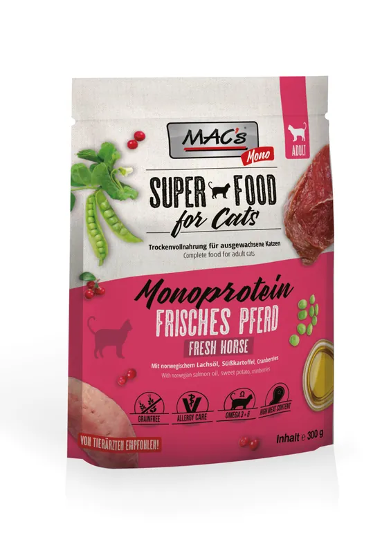Sparpaket 2 x 300 g Mac's Monoprotein Frisches Pferd Adult Katzen Trockenfutter Neue Kollektion