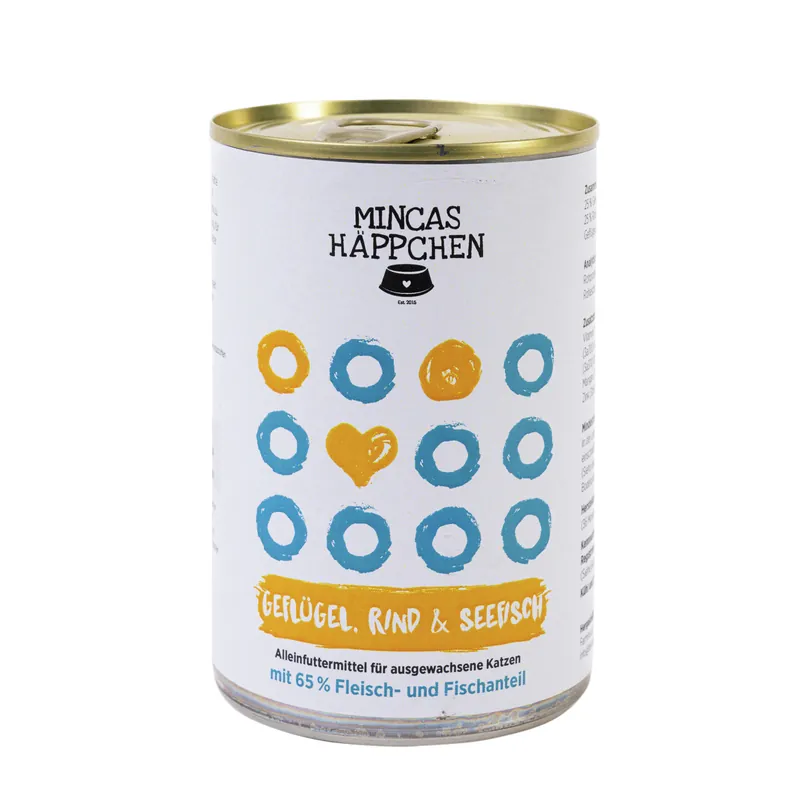 Sparpaket 24 x 400 g Mincas Häppchen Geflügel, Rind & Seefisch Katzen Nassfutter Mega-Angebot