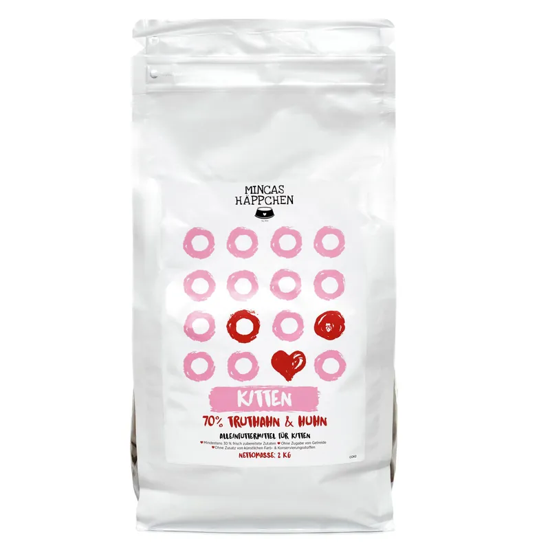 Begrenztes Angebot Sparpaket 2 x 2 kg Mincas Häppchen Kitten 70 % Truthahn & Huhn Katzen Trockenfutter