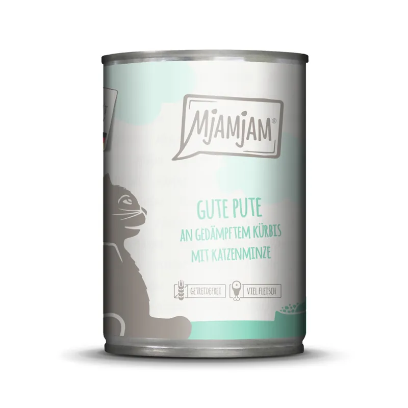 Sparpaket 6 x 400 g Mjamjam Gute Pute an gedämpftem Kürbis mit Katzenminze Katzen Nassfutter Rabatt