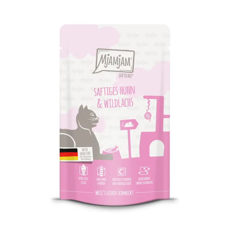 Echt Sparpaket 24 x 125 g Mjamjam Quetschie Saftiges Huhn und Wildlachs Katzen Nassfutter