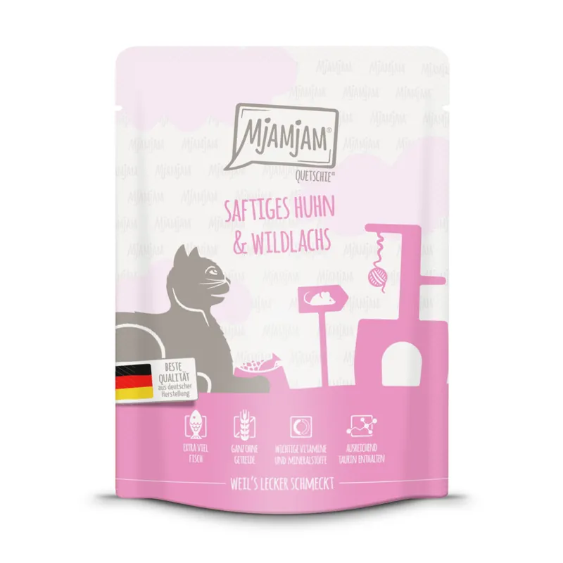 Sparpaket 6 x 300 g Mjamjam Quetschie Saftiges Huhn und Wildlachs Katzen Nassfutter Nur Für Kurze Zeit