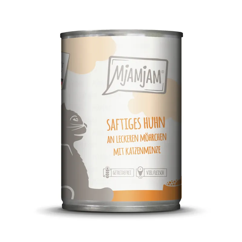 Neue Kollektion Sparpaket 6 x 400 g Mjamjam Saftiges Huhn an leckeren Möhrchen mit Katzenminze Katzen Nassfutter