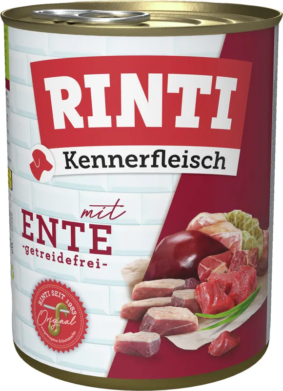 Bestseller Sparpaket 24 x 800 g Rinti Kennerfleisch mit Ente Hunde Nassfutter