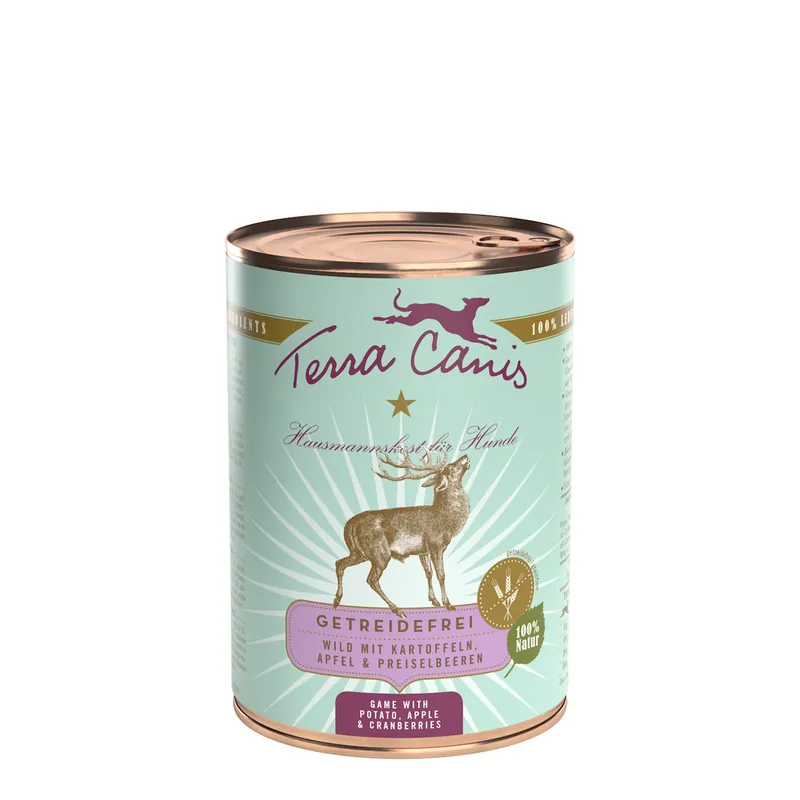 Sparpaket 6 x 400 g Terra Canis Getreidefrei Wild mit Kartoffeln, Apfel und Preiselbeeren Hunde Nassfutter Begrenztes Angebot