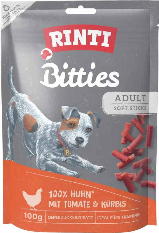 Sparpaket 2 x 100 g Rinti Extra Bitties Weiche Huhnstückchen mit Tomate & Kürbis Hunde Snack Garantierte Lieferung
