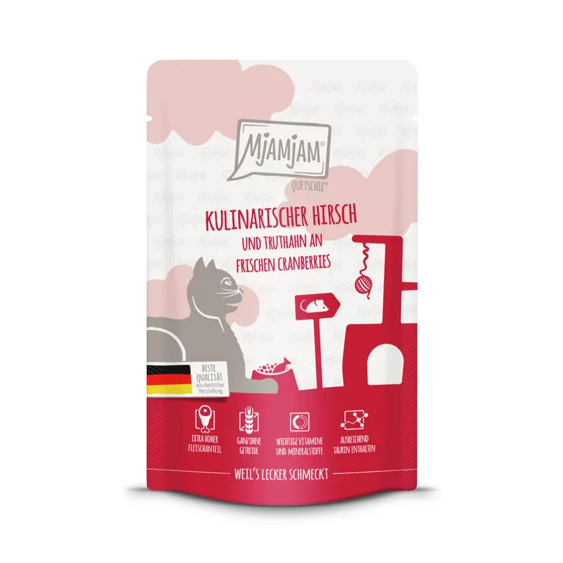 Sparpaket 12 x 125 g Mjamjam Quetschie Kulinarischer Hirsch und Truthahn an frischen Cranberries Katzen Nassfutter Heißes Angebot