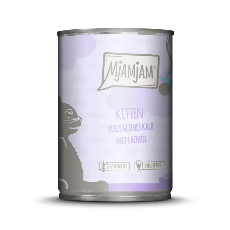 Ausverkauf Sparpaket 24 x 400 g Mjamjam Kitten Vorzügliches Kalb mit Lachsöl Katzen Nassfutter